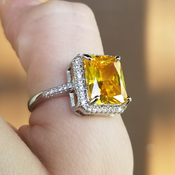🆕S925-6.28CT Yellow Citrine/White Sapphire Ring 9 - Picture 3 of 12